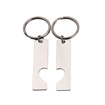 Stainless Steel Pendants Keychain, with Alloy Key Rings, Rectangle with Heart, Stainless Steel Color, Pendant: 5x1.2cm, Ring: 25mm in diameter.