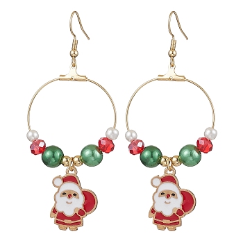 Alloy Enamel Dangle Earrings, with Plastic and Glass Beads, Santa Claus, Golden, 75x32mm