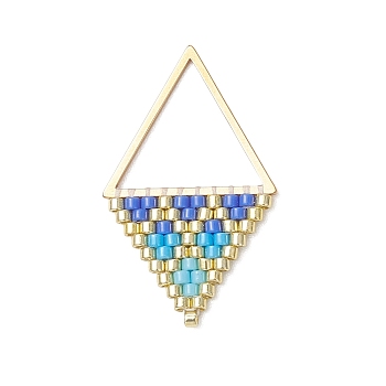MIYUKI Glass Seed Beaded Rhombus Pendants, with Golden 304 Stainless Steel Linking Ring, Gradient Color, Blue, 30x18.5x1.5mm, Hole: 0.8mm