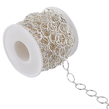 1 Roll Brass Handmade Mother-son Chains, Unwelded, with Spool, Silver, 12x0.8mm and 7.5x1.2x0.5mm, about 32.8 Feet(10m)/roll
