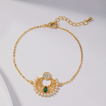 Brass Micro Pave Cubic Zirconia Pendant Necklaces for Women, with Plastic Imitation Pearl, Real 18K Gold Plated, no size