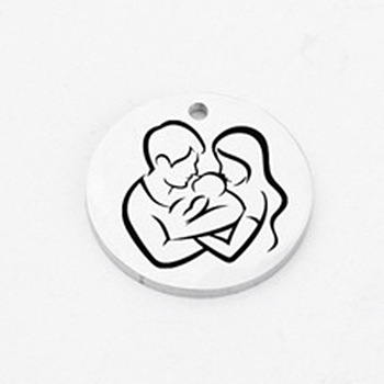 Mother's Day 304 Stainless Steel Pendants, Laser Cut, Flat Round with Mother & Father & Baby, Stainless Steel Color, 20mm