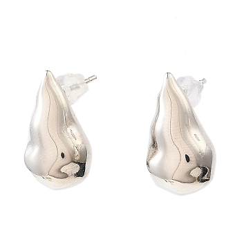 Teardrop Brass Stud Earrings, Long-Lasting Plated, Lead Free & Cadmium Free, Platinum, 19x9mm, Pin: 11x0.8mm