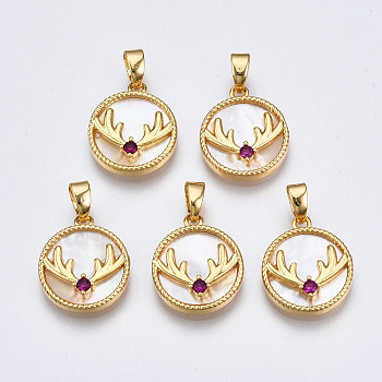 Brass Micro Pave Cubic Zirconia Charms, with White Sea Shell, Nickel Free, Flat Round with Deer Antler, Real 18K Gold Plated, 15x13x3.5mm, Hole: 2x4mm