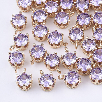 Transparent Glass Charms, with Brass Findings, Faceted, Crown, Light Gold, Medium Purple, 8.5x6x5mm, Hole: 1mm
