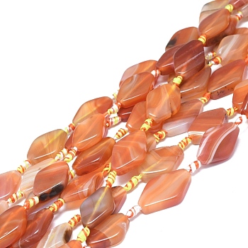 Natural Banded Agate/Striped Agate Beads Strands, Dyed & Heated, Rhombus, Dark Orange, 24~28x16~18x5~7mm, Hole: 1.8mm, about 13pcs/Strand, 16.93 inch(43cm)