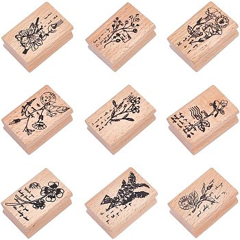 Wooden Stamps, Rectangle with Plants, BurlyWood, 4x2.7x2.5cm, 1pc/pattern, 9pcs/set