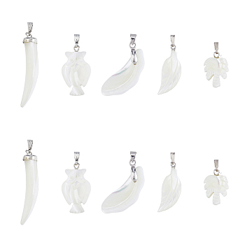 10Pcs 5 Style Natural Trochid Shell/Trochus Shell Pendants, with Platinum Tone Iron Snap on Bails, Feather & Owl & Petal, Mixed Shapes, Seashell Color, 18.5~40.5x7.5~25x3~13mm, Hole: 1.8~6mm, 2pcs/style