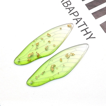 Transparent Resin Big Pendants, Wing Charms with Gold Foil, Green Yellow, 51x16.5x2mm, Hole: 1.4mm