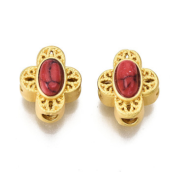 4-Hole Synthetic Turquoise Beads, Dyed, with Brass Findings, Hollow, Flower, Matte Gold Color, Red, 10x8x6mm, Hole: 2mm