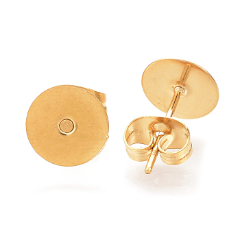 304 Stainless Steel Stud Earring Findings, with Ear Nuts/Earring Backs, Flat Round, Golden, 8mm, Pin: 0.7mm