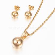 304 Stainless Steel Jewelry Sets, Pendant Necklaces and Stud Earrings, Round, Golden, 17.71 inch(45cm), 18.5x8mm, Pin: 0.8mm(SJEW-H081-11)