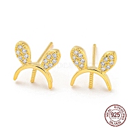 Rabbit Ear 925 Sterling Silver Micro Pave Clear Cubic Zirconia Stud Earring Findings, for Half Drilled Beads, with S925 Stamp, Real 18K Gold Plated, 8.5x9.5mm, Pin: 10.5x0.7mm and 0.7mm(STER-Q192-23G)