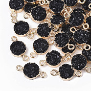 Druzy Resin Links connectors, with Edge Light Gold Plated Iron Loops, Flat Round, Black, 18~19x10x4mm, Hole: 1.8mm(RESI-S383-026-A01)