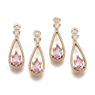 Brass Micro Pave Cubic Zirconia Pendants, with Glass, Teardrop, Long-Lasting Plated, Light Gold, Pink, 17.5x6x2.5mm, Hole: 1mm(KK-R111-003-A04)