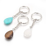 Natural & Synthetic Mixed Stone Keychain, with Iron Findings, teardrop, 75~78mm, Ring: 25x2.5mm, Pendant: 28x16~17x5~6.5mm(X-KEYC-JKC00160-M)