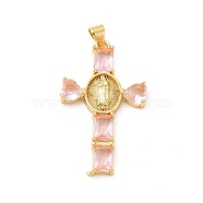 Rack Plating Brass Pendants, with Glass Cubic Zirconia, Religion Heart Cross with Virgin Mary Charm, Cadmium Free & Lead Free, Long-Lasting Plated, Real 18K Gold Plated, Misty Rose, 39x23x4mm, Hole: 5x3mm(KK-D087-16G-03)