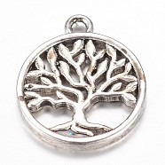 Brass Pendants, Flat Round with Tree of Life, Antique Silver, 18x15x2mm, Hole: 1.5mm(X-KK-P036-11AS)