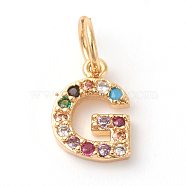 Brass Micro Pave Colorful Cubic Zirconia Charms, Golden, Letter.G, 9x6.5x2mm, Hole: 3mm(ZIRC-F092-01-G)