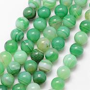 Natural Striped Agate/Banded Agate Bead Strands, Round, Grade A, Dyed & Heated, Medium Sea Green, 8mm, Hole: 1mm, about 47pcs/strand, 15 inch(G-K166-13-8mm-01)