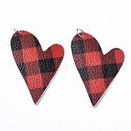 PU Leather Big Pendants, with Platinum Tone Iron Jump Rings, Heart, Red, 54x37x2mm, Hole: 5mm(FIND-R084-16A)
