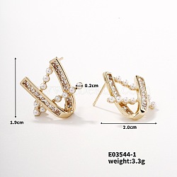 Shiny Women's Earrings with Hollow Design, Rhinestones and Pearls, 19x20mm(QN5247-6)