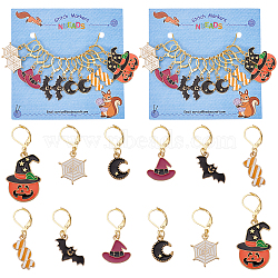 Halloween Theme Alloy Enamel Spider Web/Bat/Wicth Hat Charm Locking Stitch Markers, Golden Tone 304 Stainless Steel Lobster Claw Clasp Locking Stitch Marker, Mixed Color, 3.3~4.6cm, 12pcs/set(HJEW-PH01708)