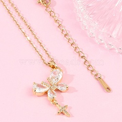 Butterfly & Star Brass Clear Cubic Zirconia Pendant Neckalces, Ion Plating(IP) 304 Stainless Steel Cable Chain Necklaces, Rack Plating, Real 18K Gold Plated, 15.63 inch(39.7cm)(NJEW-C076-24G)