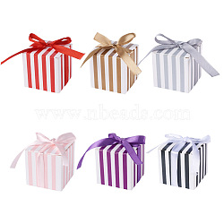 Magibeads 60 Sets 6 Colors Square Foldable Creative Paper Gift Box, Stripe Pattern with Ribbon, Decorative Gift Box for Weddings, Mixed Color, 55x55x55mm, 10sets/color(CON-MB0001-06)