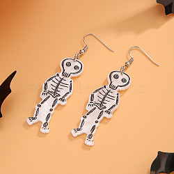 Halloween Cartoon Acrylic Skeleton Dangle Earrings for Women, Daily Wear Jewelry, Platinum, White, 70x20mm(QK1762-1)