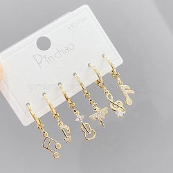 3 Pairs 3 Style Brass Micro Pave Cubic Zirconia Asymmetrical Earrings, Dangle Hoop Earrings, Musical Note & Butterfly & Guitar, Golden, 25mm, 1 Pair/style(PW-WG44715-01)