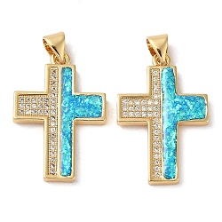 Rack Plating Brass Micro Pave Cubic Zirconia Pendants, Cadmium Free & Lead Free, Long-Lasting Plated, Cross, Real 18K Gold Plated, 25.5x17x2.5mm, Hole: 4x3mm(KK-P268-17B-G)