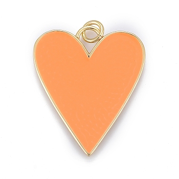 Brass Enamel Pendants, Real 18K Gold Plated, Long-Lasting Plated, Heart, Light Salmon, 27x22x2mm, Hole: 3mm, jump rings: 5x1mm