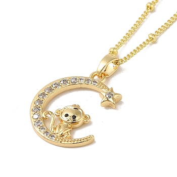 Brass Micro Pave Clear Cubic Zirconia Pendants Necklaces, The 12 Animals of the Chinese Zodiac, Real 18K Gold Plated, Monkey, 17.28 inch(43.9cm)