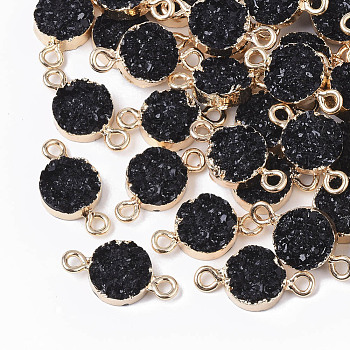 Druzy Resin Links connectors, with Edge Light Gold Plated Iron Loops, Flat Round, Black, 18~19x10x4mm, Hole: 1.8mm