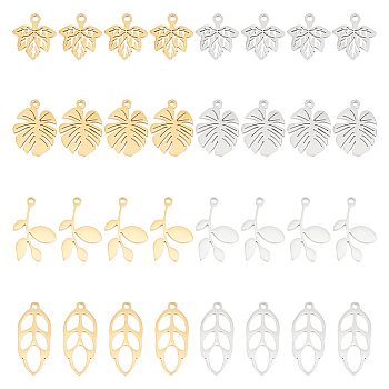 32Pcs 8 Style 304 Stainless Steel Pendants, Leaf Charm, Mixed Color, 13~20x9~11.5x1mm, Hole: 1~1.5mm, 4pcs/style