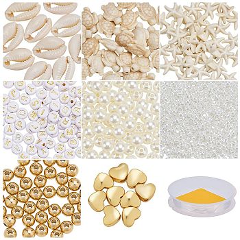 Ocean Theme DIY Jewelry Making Kits, including Natural Cowrie Shell Beads, Synthetic Turquoise Beads, Acrylic Beads, Brass Beads, Glass Seed Beads, Golden, 4~28x4~20x3.5~9mm, Hole: 1~2mm