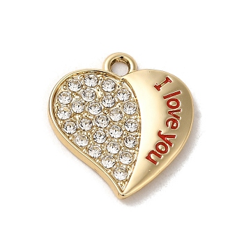 Alloy Rhinestone Pendants, Enamel Style, Heart with Word I Love You, for Valentine's Day, Red, 19.5x17.5x2mm, Hole: 1.8mm