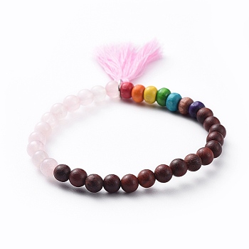 Chakra Jewelry, Stretch Charm Bracelets, with Wood Beads, Natural Rose Quartz Beads and Cotton Tassel, 2-1/8 inch(5.5cm)