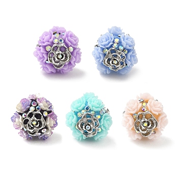 Polymer Clay Rhinestone Beads, with Acrylic Pearl and Alloy Flower, Round, Mixed Color, 19.5~20x19mm, Hole: 1.6mm