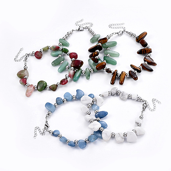 304 Stainless Steel Bracelets, with Natural Gemstone Beads, 8-1/2 inch~8-3/4 inch(21.5~22.3cm)
