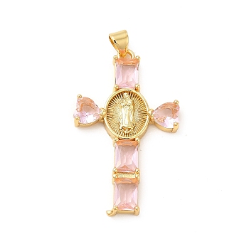 Rack Plating Brass Pendants, with Glass Cubic Zirconia, Religion Heart Cross with Virgin Mary Charm, Cadmium Free & Lead Free, Long-Lasting Plated, Real 18K Gold Plated, Misty Rose, 39x23x4mm, Hole: 5x3mm