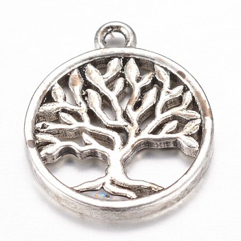 Brass Pendants, Flat Round with Tree of Life, Antique Silver, 18x15x2mm, Hole: 1.5mm