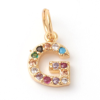 Brass Micro Pave Colorful Cubic Zirconia Charms, Golden, Letter.G, 9x6.5x2mm, Hole: 3mm