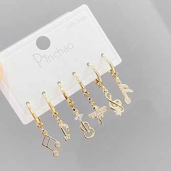 3 Pairs 3 Style Brass Micro Pave Cubic Zirconia Asymmetrical Earrings, Dangle Hoop Earrings, Musical Note & Butterfly & Guitar, Golden, 25mm, 1 Pair/style