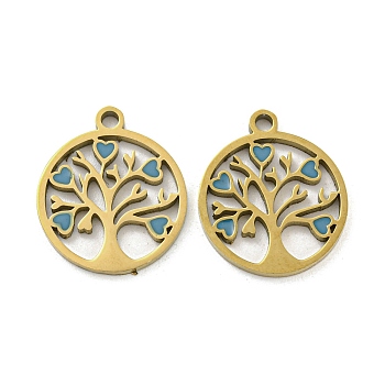 Ion Plating(IP) 316L Surgical Stainless Steel Pendants, with Enamel, Real 18K Gold Plated, Tree of Life Charm, Cornflower Blue, 17x15x1.5mm, Hole: 1.7mm