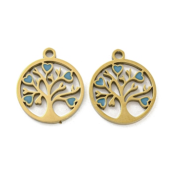 Ion Plating(IP) 316L Surgical Stainless Steel Pendants, Nickel Free, with Enamel, Real 18K Gold Plated, Tree of Life Charm, Cornflower Blue, 17x15x1.5mm, Hole: 1.7mm