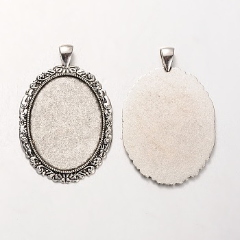 Tibetan Style Alloy Oval Pendant Cabochon Settings, Cadmium Free & Lead Free, Antique Silver, 58x38x2mm, Hole: 5x7mm, Tray: 30x40mm, about 108pcs/kg