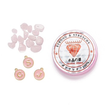 26Pcs Flat Round Initial Letter A~Z Alphabet Enamel Charms, 20G Natural Rose Quartz Chip Beads and Elastic Thread, for DIY Jewelry Making Kits, Pink, Alphabet Enamel Charms: 1 set/box