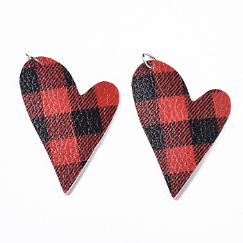 PU Leather Big Pendants, with Platinum Tone Iron Jump Rings, Heart, Red, 54x37x2mm, Hole: 5mm